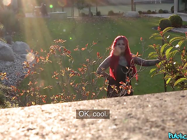 Red-haired busty POV slut with tattoos Sabien DeMonia blows and fucks in the garden for money