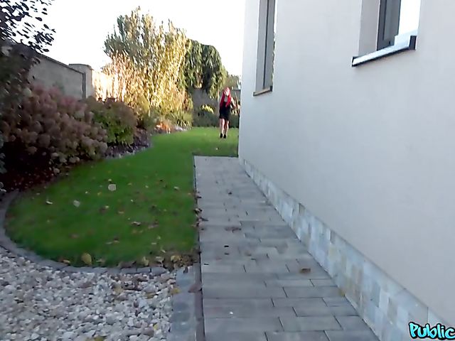 Red-haired busty POV slut with tattoos Sabien DeMonia blows and fucks in the garden for money