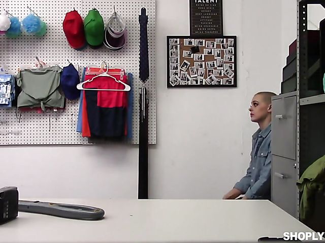 Shaved head shoplifter suspect Paris Amour is ready to take officer's cock