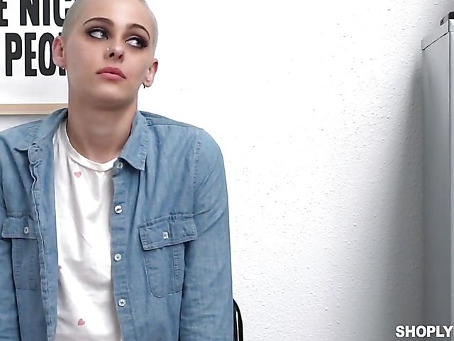 Shaved head shoplifter suspect Paris Amour is ready to take officer's cock