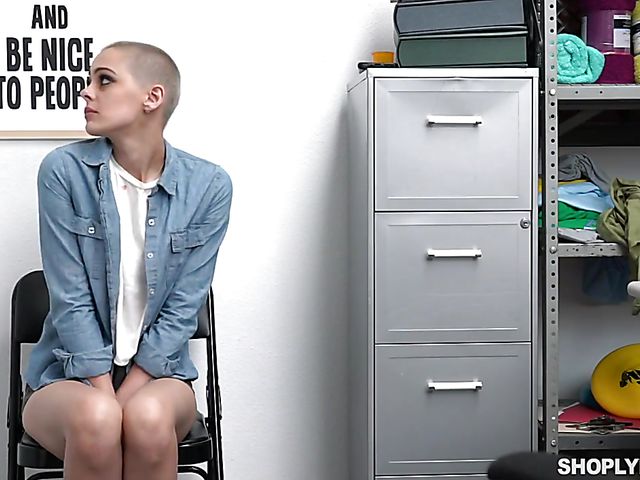 Shaved head shoplifter suspect Paris Amour is ready to take officer's cock