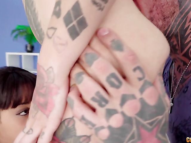 Blindfold threesome with tattooed pink hair teen Candy Doll and exotic Scarlett