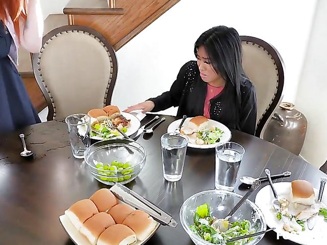 Interracial family threesome with exotic Ember Snow and redhead stepmom Summer Hart