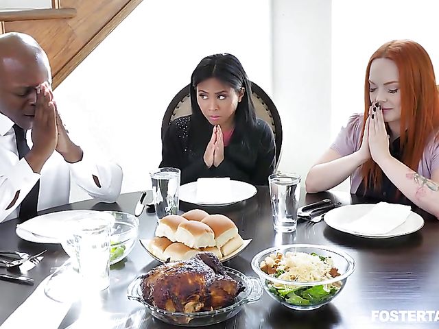 Interracial family threesome with exotic Ember Snow and redhead stepmom Summer Hart