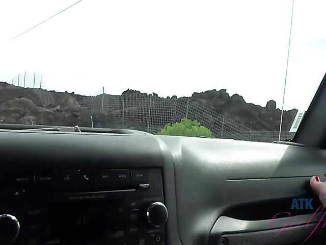 Aften Opal spreads her pussy in the car on the way to the beach to go skinny dipping