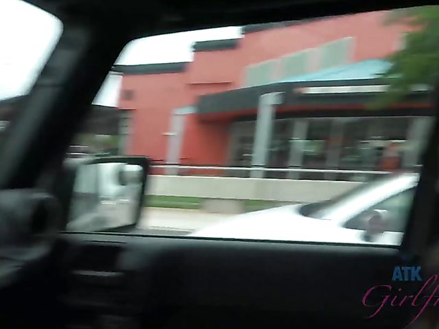 Aften Opal spreads her pussy in the car on the way to the beach to go skinny dipping