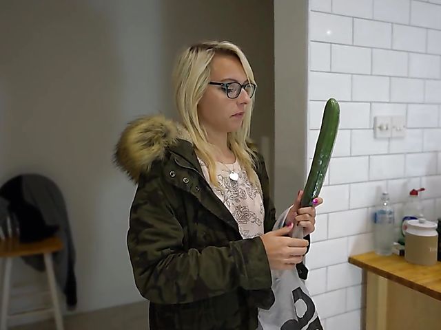 Pussy insertion and cucumber masturbation in the kitchen with Chloe Toy