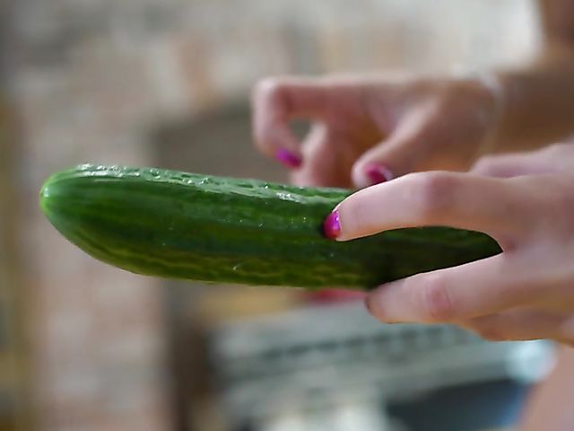 Pussy insertion and cucumber masturbation in the kitchen with Chloe Toy