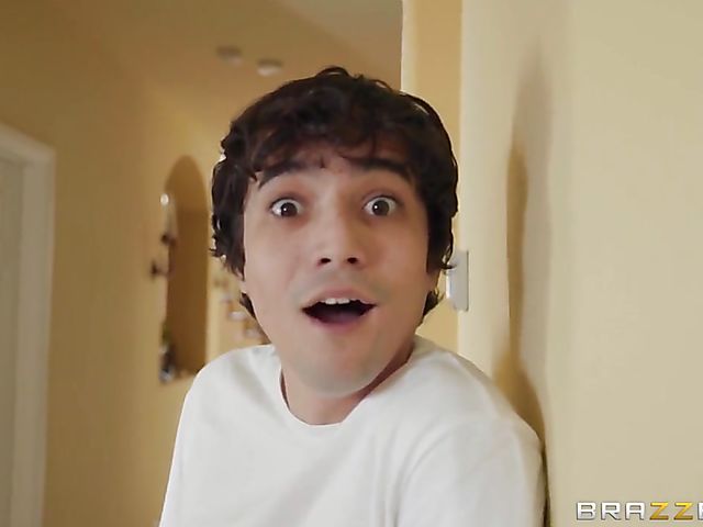 MILF Sybil Stallone flashes her huge boobs while cleaning the house to seduce Ricky Spanish