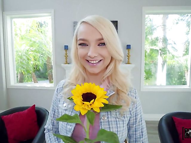 Blonde petite cutie with a flower Carmen Callaway begs for sex