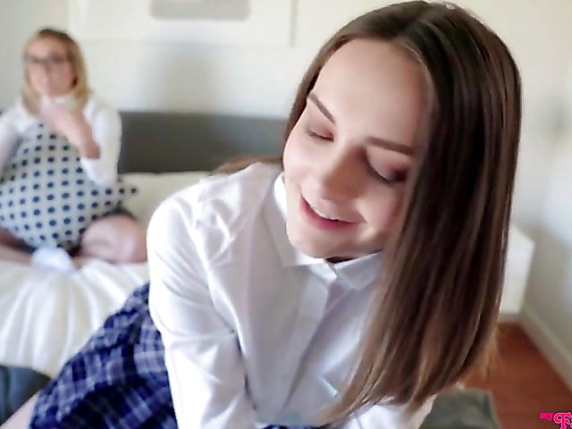 POV FFM three-way with girls in mini skirts Aften Opal and Katie Kush