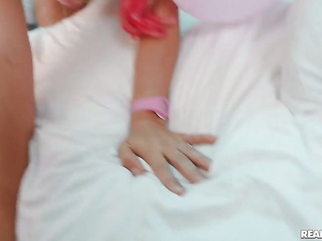 Pink haired Abella Danger anal in fishnets in the room full of balloons