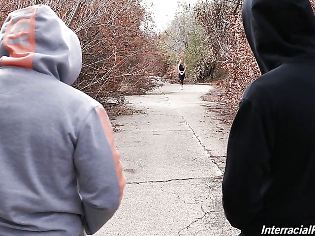 Sporty white girl Leah Lee has a threesome with two thugs in Interracial Pickups