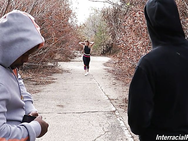 Sporty white girl Leah Lee has a threesome with two thugs in Interracial Pickups