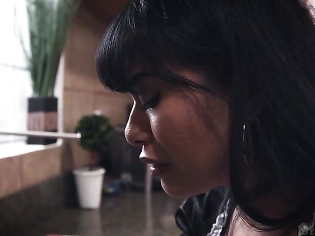 Exotic busty maid Aryana Amatista gets humiliated and fucked in the kitchen