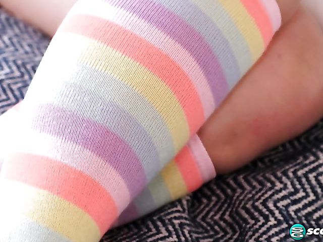 Aria Banks - Teen masturbation in rainbow knee highs