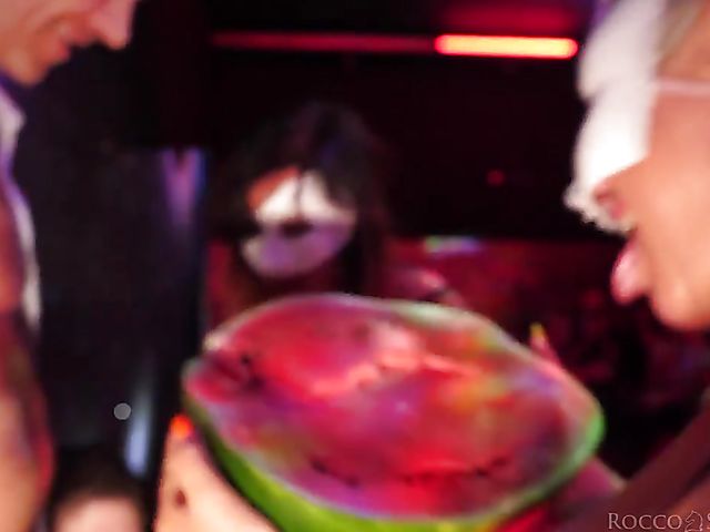 Rocco Siffredi's watermelon pussy party and deepthroat contest with masked Malena and Sara Bell