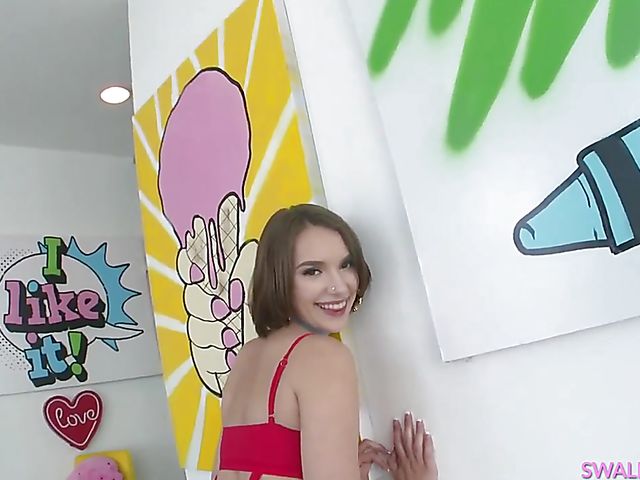 Cum drinking cutie Natalie Porkman displays her sexy butt and gets throated