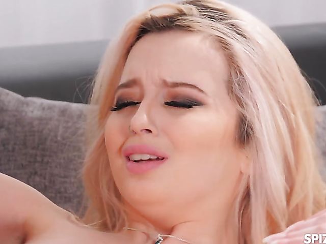 Pierced nipple blonde in black heels Lexi Lore fucks on the couch