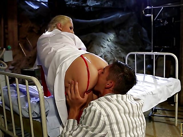 Two blonde nurse threesome anal in red lingerie featuring Mira and Vanda