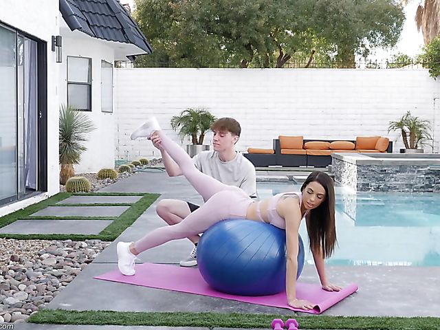 Tight MILF workout by the pool and fuck by the fire with Eva Long