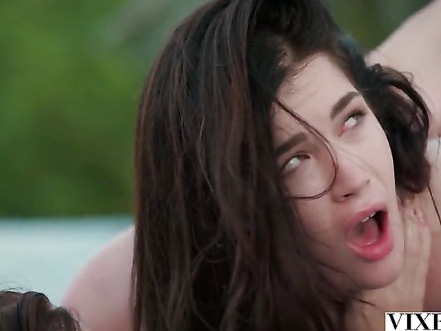 Passionate outdoor threesome by the pool with Evelyn Claire and Misha Cross