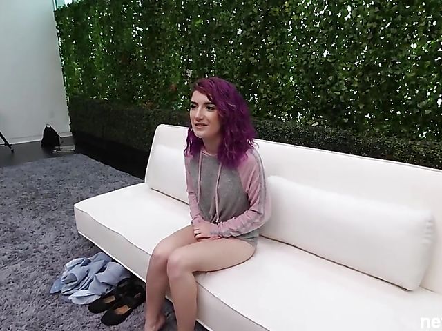 Threesome casting with purple-haired girl Scarlett
