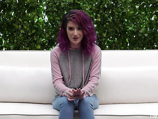 Threesome casting with purple-haired girl Scarlett