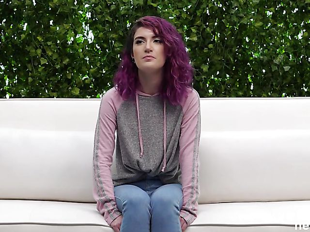 Threesome casting with purple-haired girl Scarlett