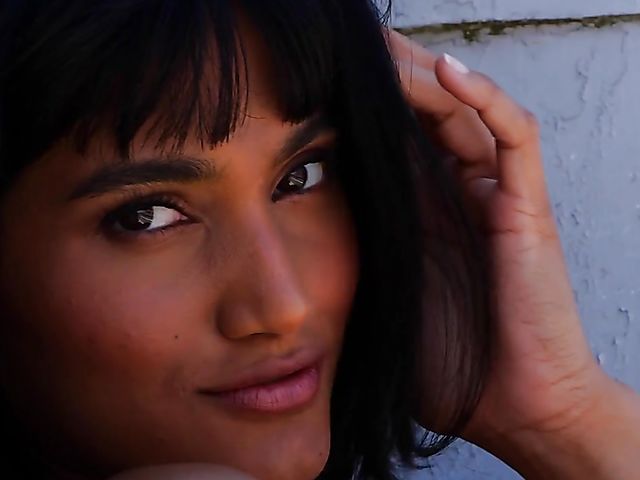 Exotic beauty Angel Constance balcony solo strip and posing