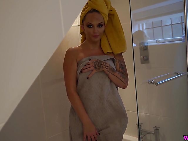 Jerk off instruction from big tits British Louise Lee in the bathroom