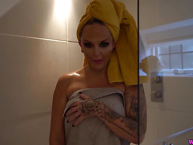 Jerk off instruction from big tits British Louise Lee in the bathroom