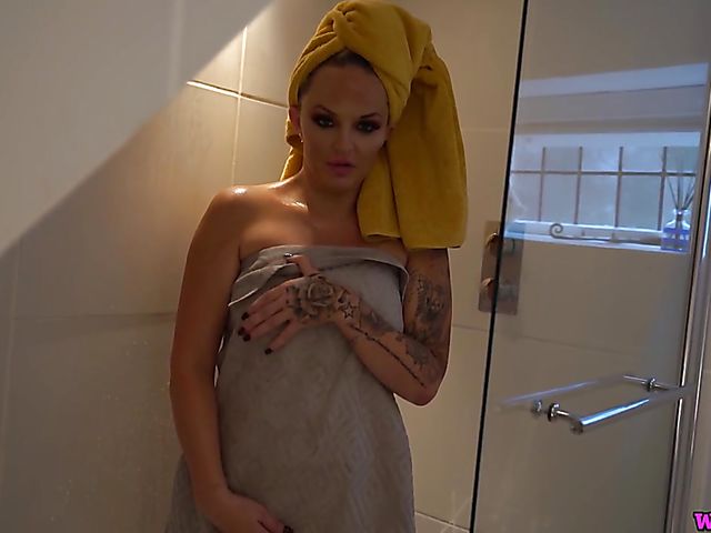 Jerk off instruction from big tits British Louise Lee in the bathroom