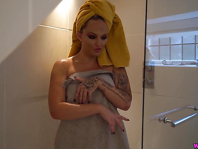 Jerk off instruction from big tits British Louise Lee in the bathroom