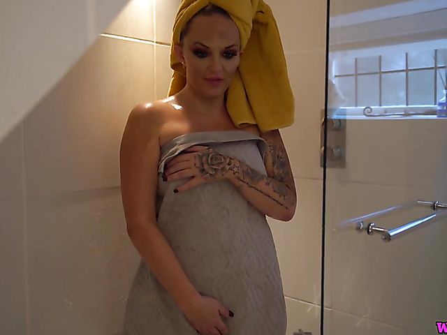 Jerk off instruction from big tits British Louise Lee in the bathroom