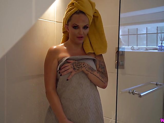 Jerk off instruction from big tits British Louise Lee in the bathroom