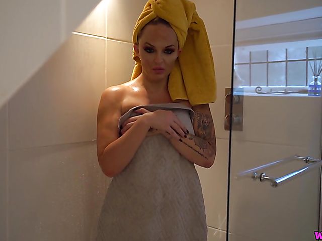 Jerk off instruction from big tits British Louise Lee in the bathroom