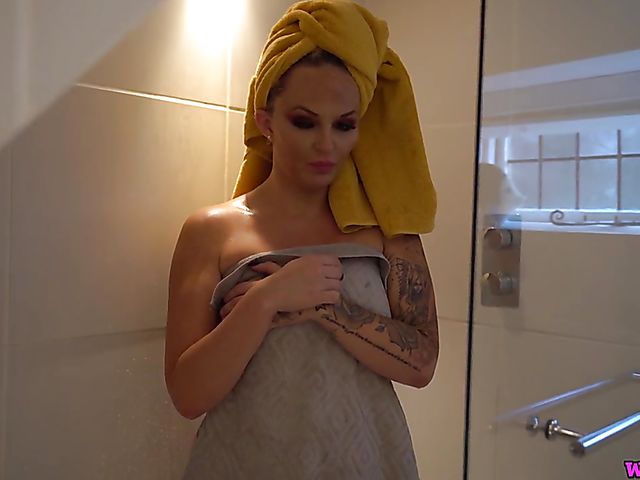 Jerk off instruction from big tits British Louise Lee in the bathroom