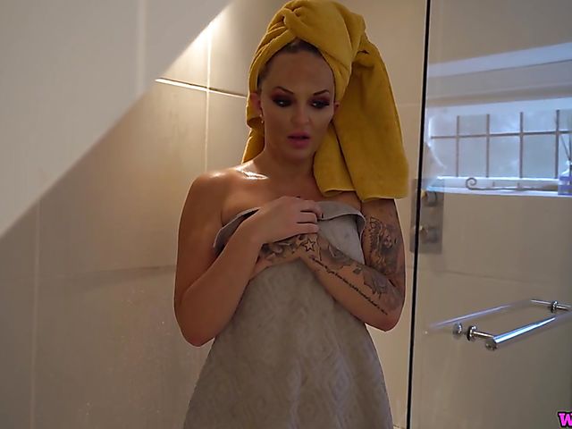 Jerk off instruction from big tits British Louise Lee in the bathroom