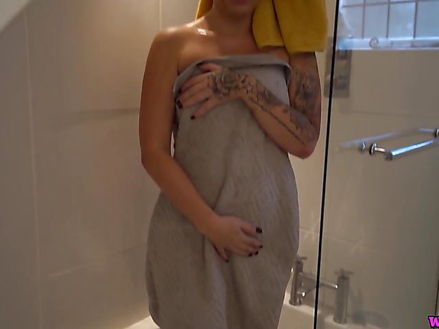 Jerk off instruction from big tits British Louise Lee in the bathroom