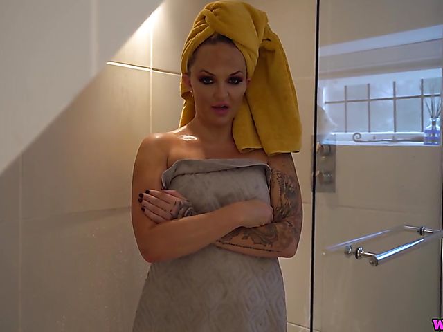 Jerk off instruction from big tits British Louise Lee in the bathroom