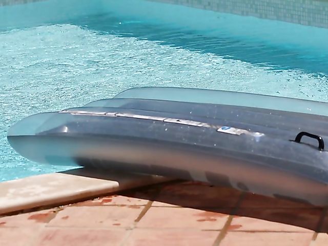 Skinny nude girl Mira outdoor fingering solo in the pool on a sunny day