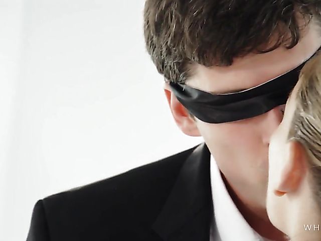 Kinky mistress with pierced nipples Isabelle Deltore wants her blindfolded slave to fuck her shaved cunt