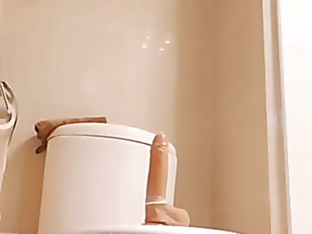 Shaved Japanese amateur rides her dildo in the bathroom