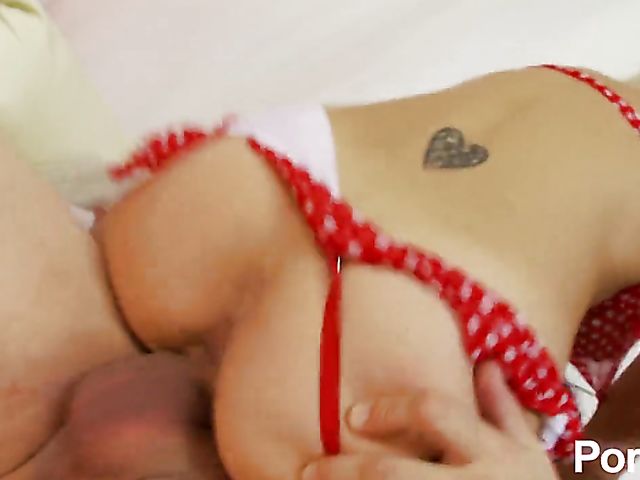Pin up style fuck with big tits British pornstar Lou Lou in red and white lingerie