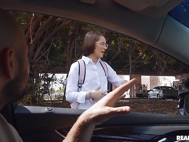 Petite schoolgirl Natalie Porkman fashes her ass in the street and gets in to get fucked