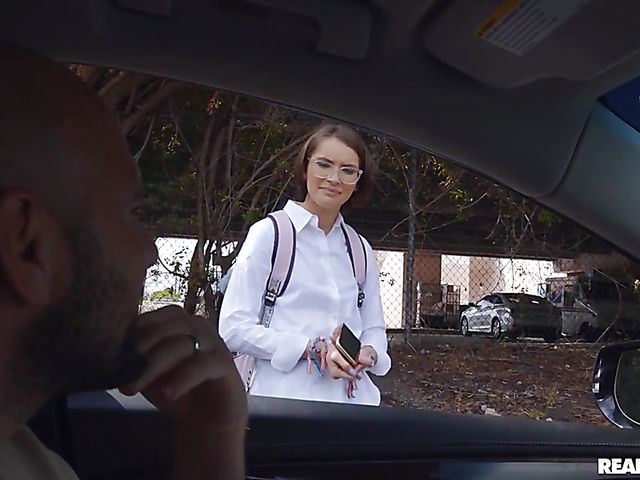 Petite schoolgirl Natalie Porkman fashes her ass in the street and gets in to get fucked