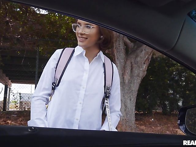 Petite schoolgirl Natalie Porkman fashes her ass in the street and gets in to get fucked