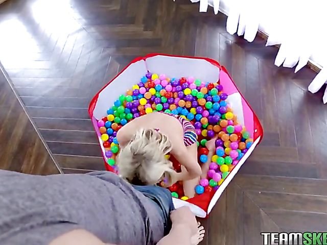 Blonde petite chick in pigtails Sky Pierce loves balls and cock