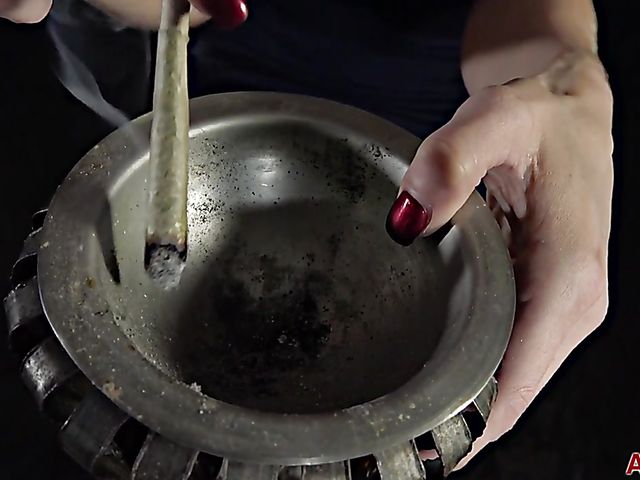 Smoking milf with no panties Norah Nova puffing in the dark